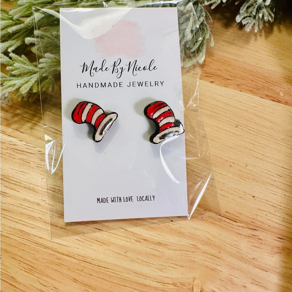 Hand Crafted Red and White Hat - Dr Seuss stud earrings